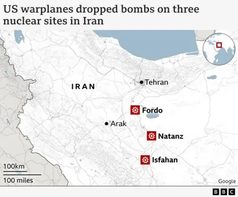 Map of the sites in Iran that US bombed: Fordo, Natanz and Isfahan